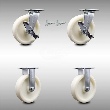 8 Inch Stainless Steel Nylon Caster Set With 2 Brakes/Swivel Lock 2 Rigid SCC